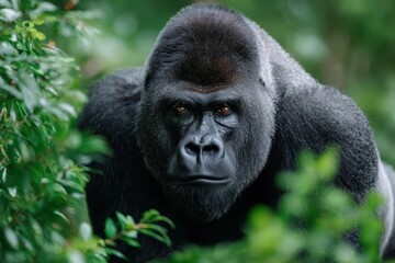 Obraz premium Majestic gorilla gazing through lush foliage in a vibrant forest setting