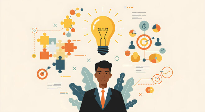 革新的なアイデア創出と問題解決：ビジネスを飛躍させる創造的思考のフラットデザイン