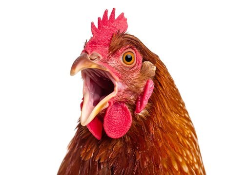 A close-up portrait of a chicken's head with open beak, showing red comb, wattle, and bright eyes against a white background