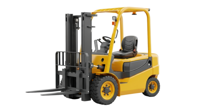 Isolated yellow forklift truck used in warehouses and factories for lifting and moving goods