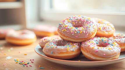 Stacked donuts with sprinkles on a plate near a window