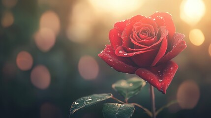 Close-up of a vibrant red rose with dew drops, bathed in warm sunlight, soft bokeh background