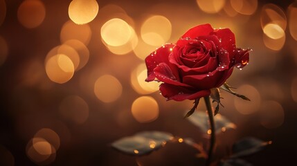 Close-up of a single red rose with water droplets, set against a warm bokeh background