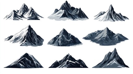 Collection of stylized mountain silhouettes.  Various peaks, shading, and textures