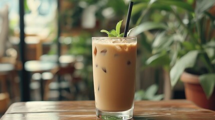 Iced coffee drink in a glass with mint, on a wooden table in a cafe setting