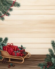 Christmas Winter Wonderland Watercolor Festive Christmas scene with a wooden sled and beautifully wrapped gifts.