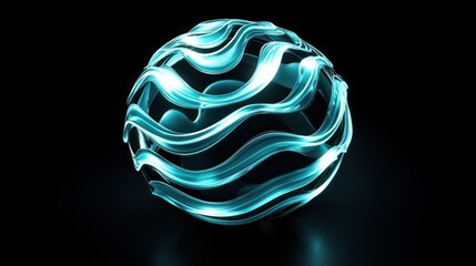 A glowing, turquoise sphere with swirling,  reflective lines against a black background