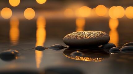 A smooth, engraved stone rests on water, reflecting warm lights