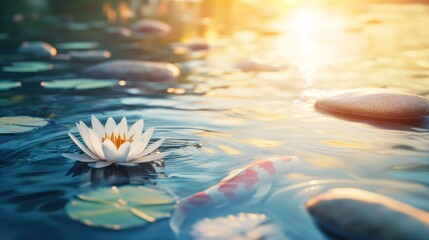 Serene pond scene at sunset, with water lilies and fish