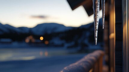 Icicles hanging from a wooden structure at sunset, blurred mountains and village in the background