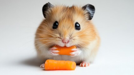 Small, fluffy hamster with orange fur, holding and eating a piece of carrot