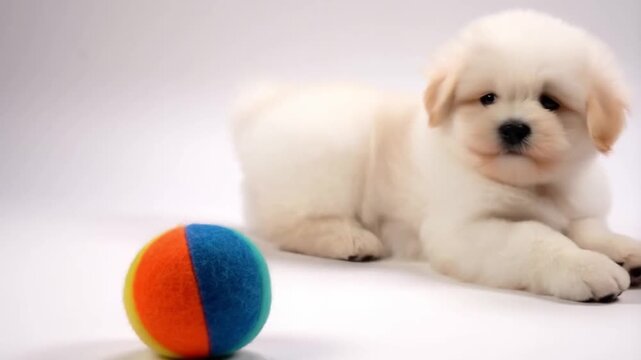 A fluffy Maltese puppy playfully pounces on a colorful toy ball in slow motion. This clean, isolated shot on a white background emphasizes its joyful energy and adorable clumsiness