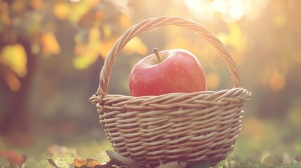 A single red apple nestled in a woven basket, bathed in golden sunlight, amongst autumn leaves
