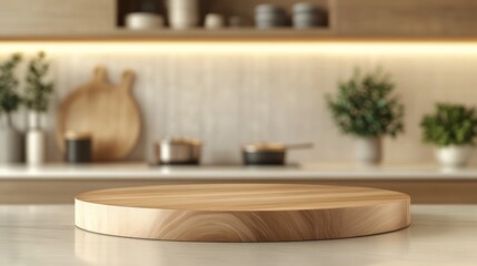 A round, light brown wooden cutting board sits on a marble countertop in a blurred, modern kitchen