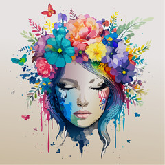 Vibrant Floral Crowned Woman A Watercolor Portrait of Beauty and Nature's Embrace