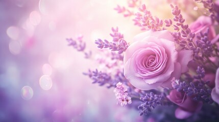 Close-up of a bouquet featuring vibrant pink roses and purple lavender, bathed in soft, pastel light