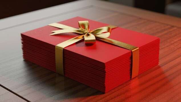A stack of red envelopes tied with a gold ribbon for Lunar New Year. Traditional Chinese holiday gift for good fortune and celebration