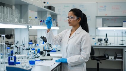 A female scientist in a lab coat and goggles analyzes a blue liquid in a test tube. A researcher working on a medical experiment in a modern laboratory. Women in STEM concept