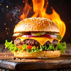 Delicious burger on a wooden board