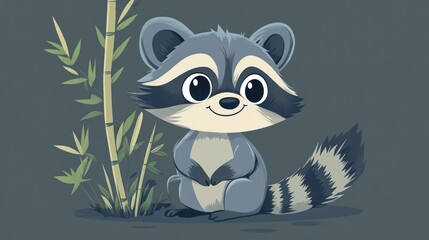 Cute cartoon raccoon sits by bamboo
