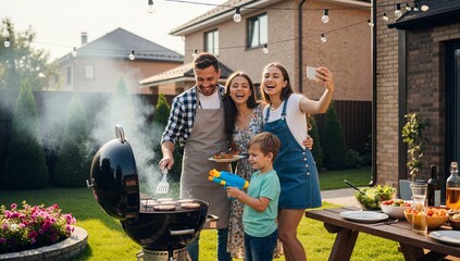 Happy family having a summer barbecue in the backyard. Father grilling burgers while the daughter takes a selfie. Outdoor lifestyle and celebration concept