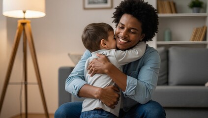 Father son embrace shows strong affection in comfortable home living room setting. Father son embrace highlights deep connection, tenderness, love, and warmth between father and child.
