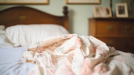A soft-focus interior shot of a bed with a floral comforter