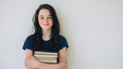 Smiling Caucasian teenage girl with dark hair, wearing a blue T-shirt holding a stack of books with both hands standing in front of a white background. Generative AI