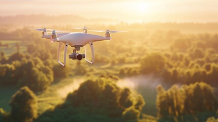 Drone flying high above a sunlit landscape
