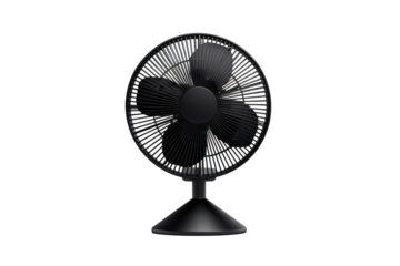 Modern black desk fan against a black backdrop