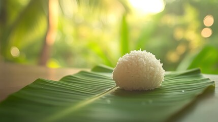 Round portion of cooked rice on a large green banana leaf.  Blurred tropical background