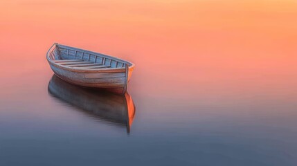 Wooden boat on calm water at sunrise
