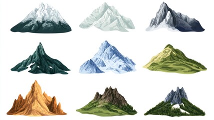 Nine stylized mountain illustrations, varying in color and snow/vegetation
