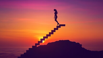 Silhouette of a woman ascending stairs at sunset over a mountaintop