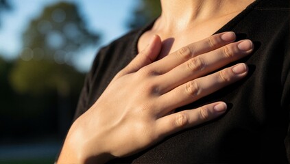 A woman's hand on her chest in warm evening light. Gratitude, self-love, and mindfulness concept. Sincere gesture outdoors