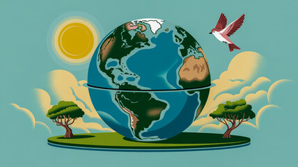 Earth Divided With Trees Sun And Flying Bird Illustration globe planet