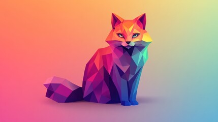A vibrant, polygonal fox figure, rendered in a spectrum of bright colors, sits on a gradient background