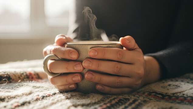 Hands cradling a steaming mug of hot coffee in the morning light. Cozy and warm moment of relaxation at home. Hygge lifestyle concept