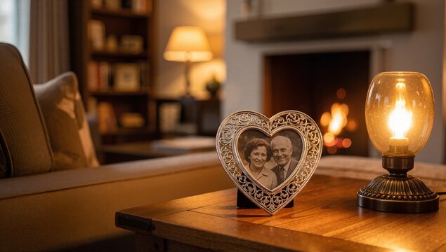 Heart-shaped photo frame with a senior couple's portrait in a cozy living room. Warm ambient light from a lamp and fireplace. Concept of love, memory, and family