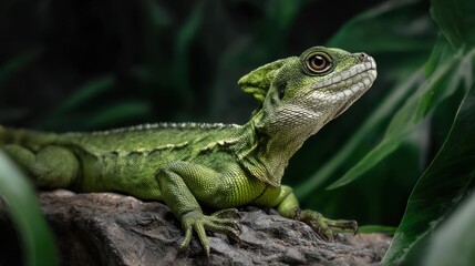 Fototapeta premium Detailed Green Lizard Resting on Rock Surrounded by Green Foliage