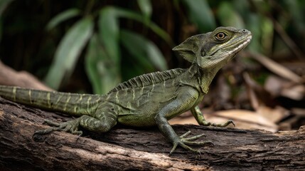 Fototapeta premium Green Lizard on Log Surrounded by Tropical Plants in Natural Habitat