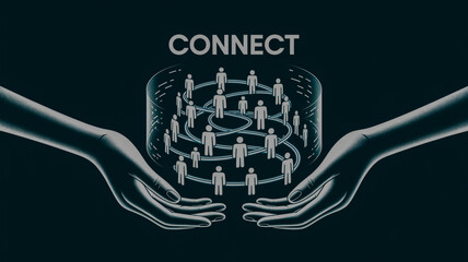 Hands Holding a Futuristic Network of Connected People with the Word Connect connection community
