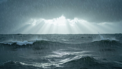 Dramatic ocean waves under stormy sky, with rain falling and sunlight breaking through clouds, creating moody atmosphere