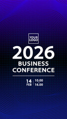 A professional business conference poster template. A minimalist dark blue background with an abstract halftone dot pattern. A formal layout for a corporate or financial summit event. Vertical vector.