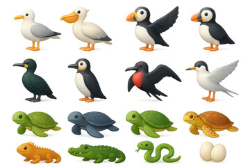 Obraz premium 3D Seabird and Reptile Icons. Seabirds and reptiles set of icons in 3D color style: seagull, pelican, albatross, puffin, cormorant, penguin,