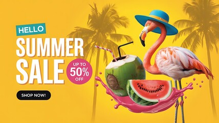Summer sale banner with flamingo, coconut, watermelon and palm trees on yellow background