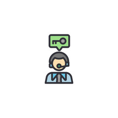 Icon of a male agent wearing a suit with chat bubble, representing real estate consultation, communication, and client service interaction in property sales.