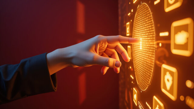 Hand interacts with glowing digital interface, showcasing technology and innovation. warm colors create inviting atmosphere