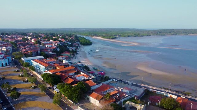 Aerial panoramic drone view of the beach and S&atilde;o Jos&eacute; de Ribamar parish square, Maranh&atilde;o, Brazil