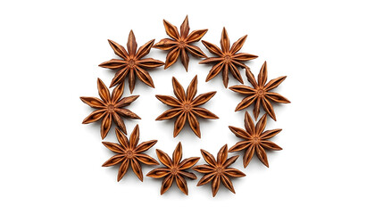 Fototapeta premium A circular arrangement of star anise pods on a white background, highlighting their unique shape and spice qualities